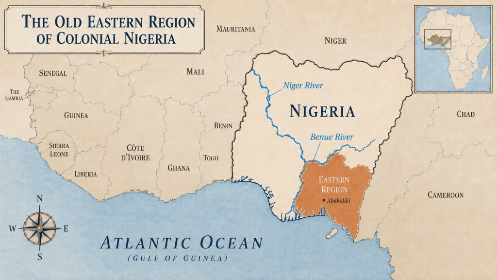A map showing the Southeastern region of the British colony of Nigeria where the Igbos lived. British Colony in Africa: