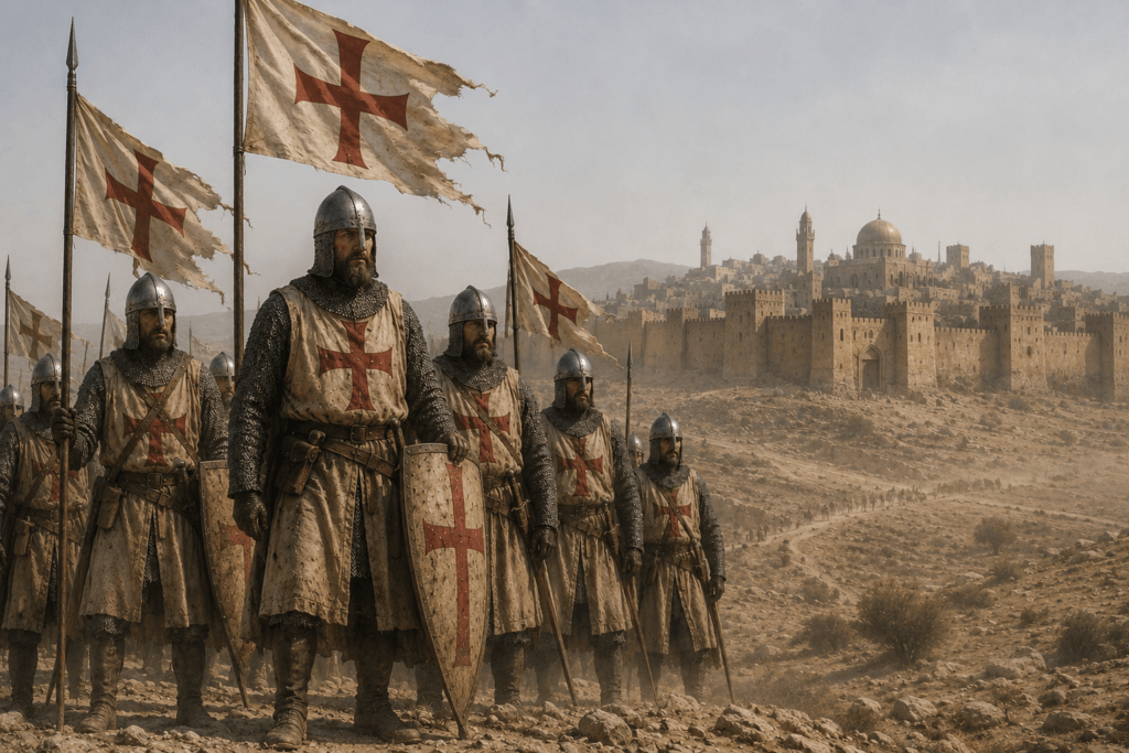 “Image of Crusaders during the 11th century First Crusade approaching the Holy City of Jerusalem during the Fall of Jerusalem in 1099, with medieval knights standing before the city’s towering walls.”