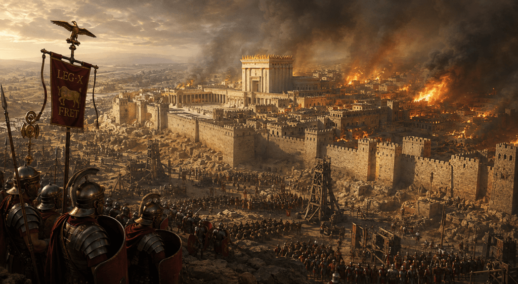 A cinematic historical depiction of the Roman destruction of Jerusalem 70 AD: the siege showing Roman legions surrounding the ancient city, the Second Temple burning amid smoke and flames, siege engines positioned outside the walls, and the devastation that marked the end of the Second Temple period.