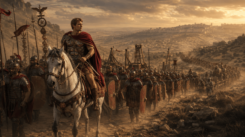 Titus leading Roman legions on the march to Jerusalem during the Roman siege of 70 AD, with soldiers, standards, and siege engines approaching the ancient city